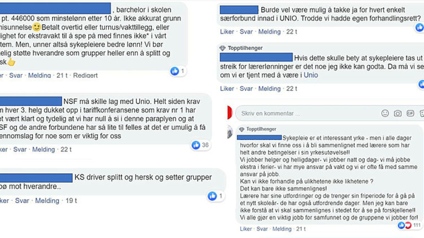 Skjermdump av Facebook-kommentarer fra Sykepleiens side