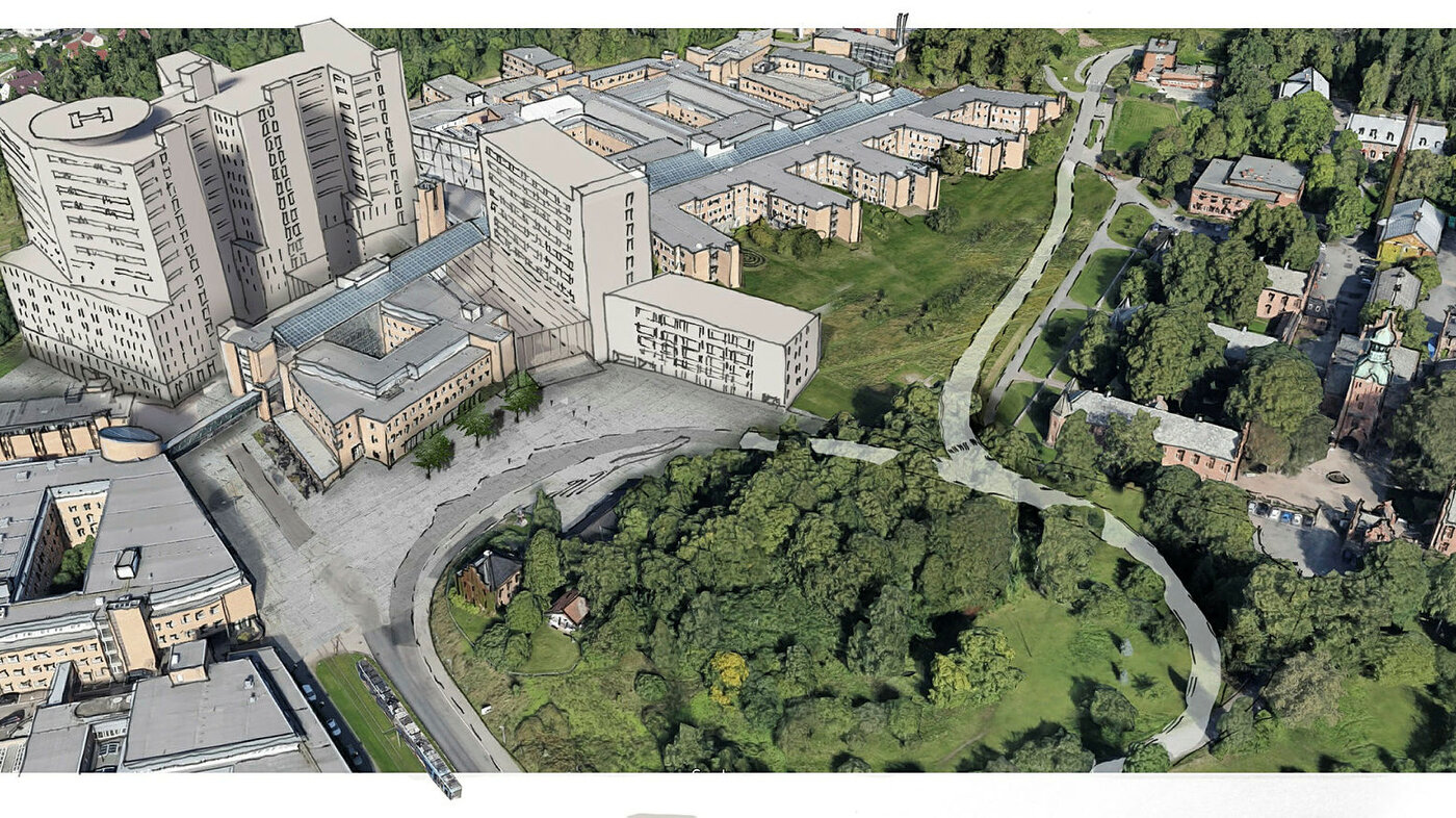 Illustrasjonen viser en foreløpig skisse over den planlagte utbyggingen av Oslo universitetssykehus på Gaustad
