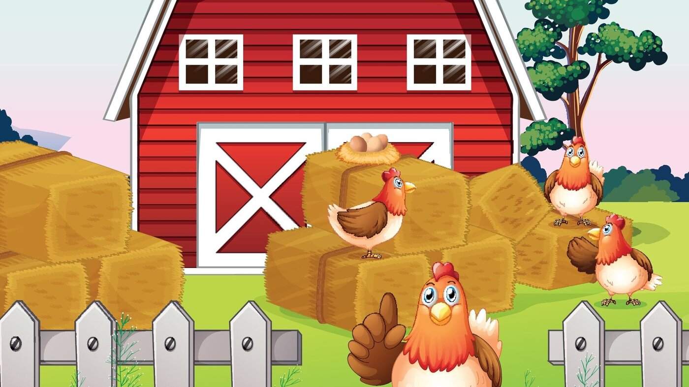 Tegning over høner som rusler fornøyd rundt på en gård.