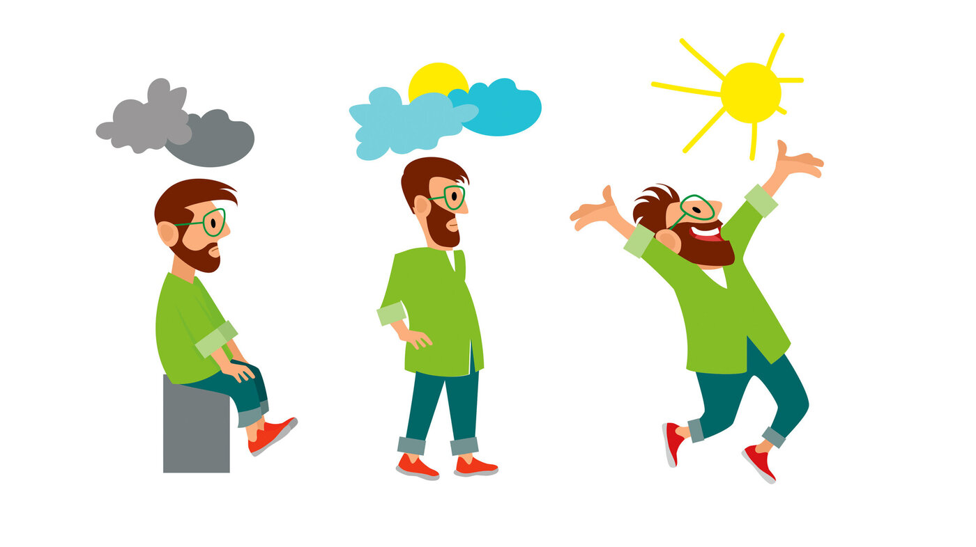 Bildet viser en mann i tre stadier, først som deprimert, så lysner det litt, og til slutt skinner solen