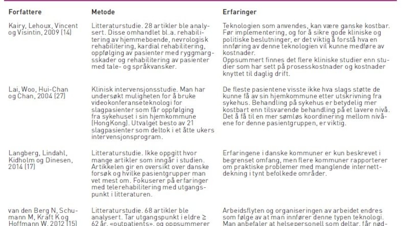 Tabell 3 viser en oversikt over publikasjoner som tar utgangspunkt i erfaringer med telerehabilitering på organisasjonsnivå.