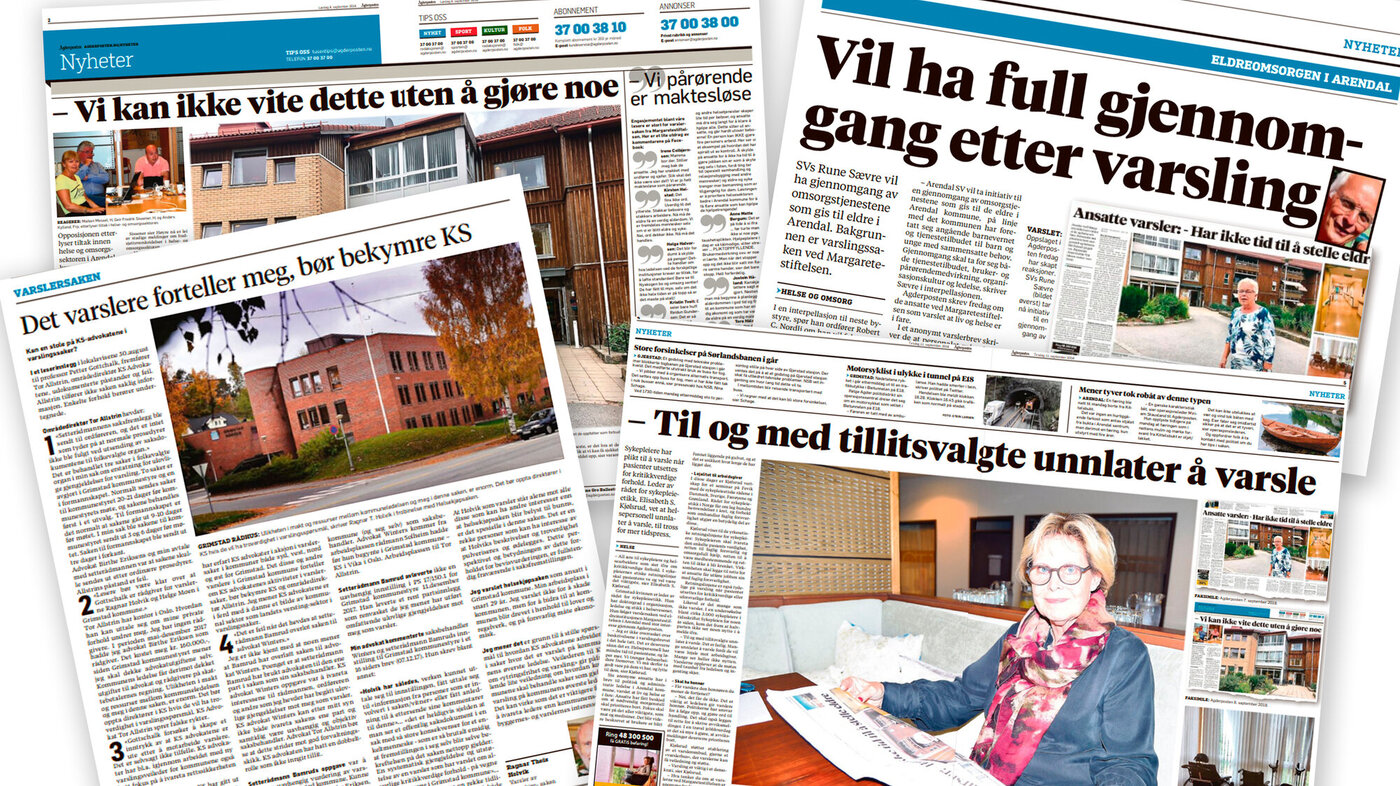 Faksimiler fra Agderposten Illustrasjonen er en kollasj av faksimiler fra oppslag i Agderposten om varsling av uholdbare forhold ved et lokalt sykehus