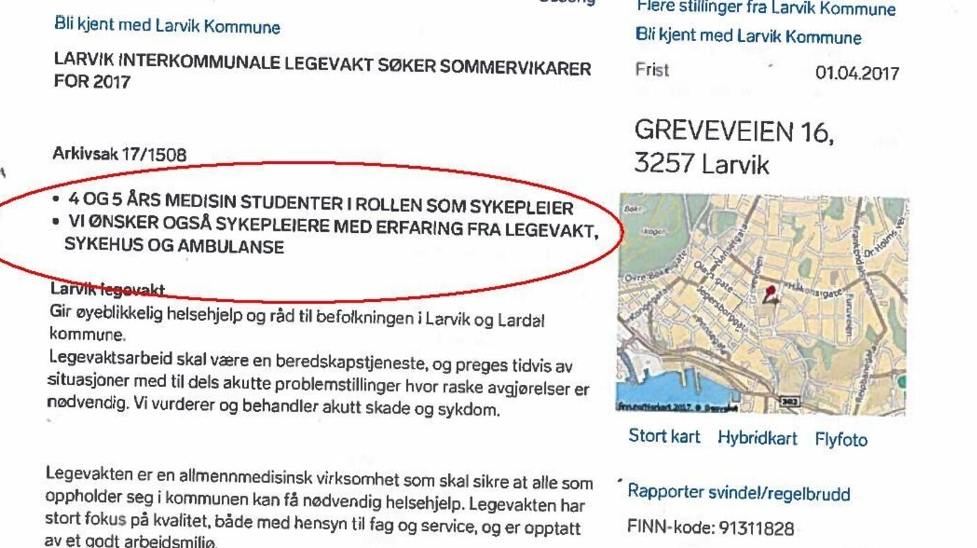 Skjermdump av utlysningen Larvik kommune la ut på finn.no for å få tak i sommrvikarer