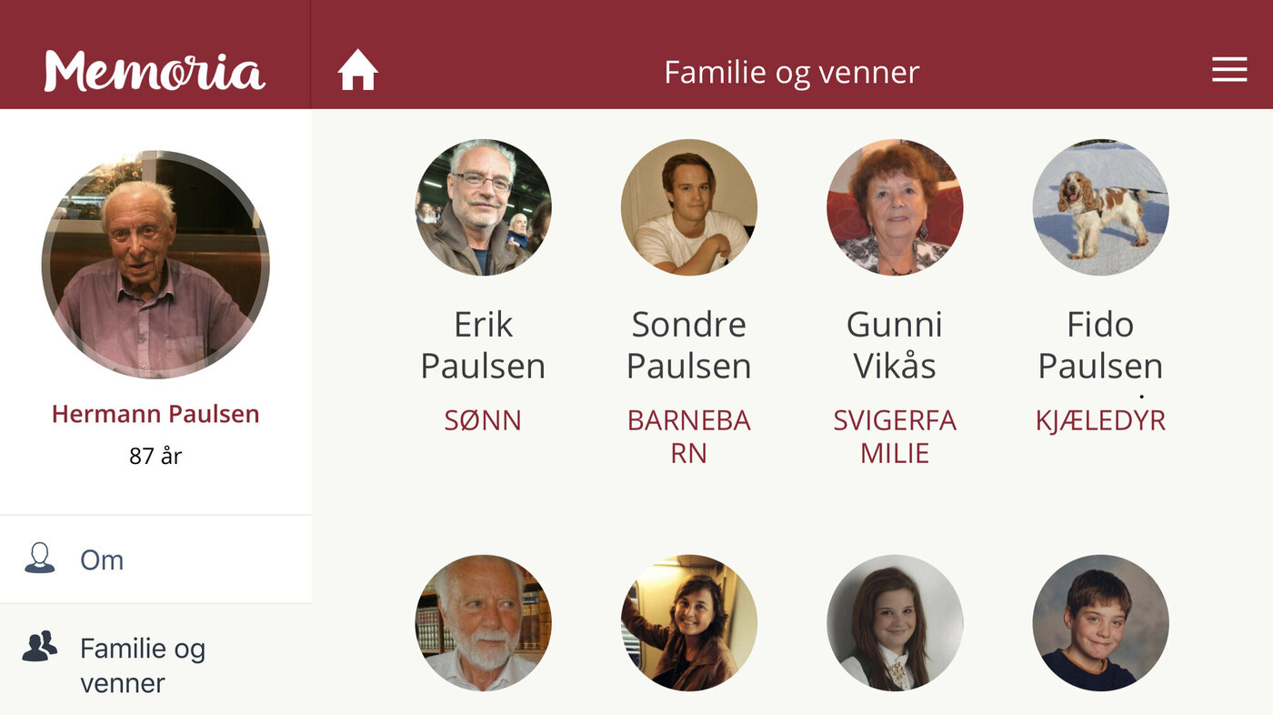 Samling portretter på nettside, knytet til eldre mann som er portrettert til venstre på siden