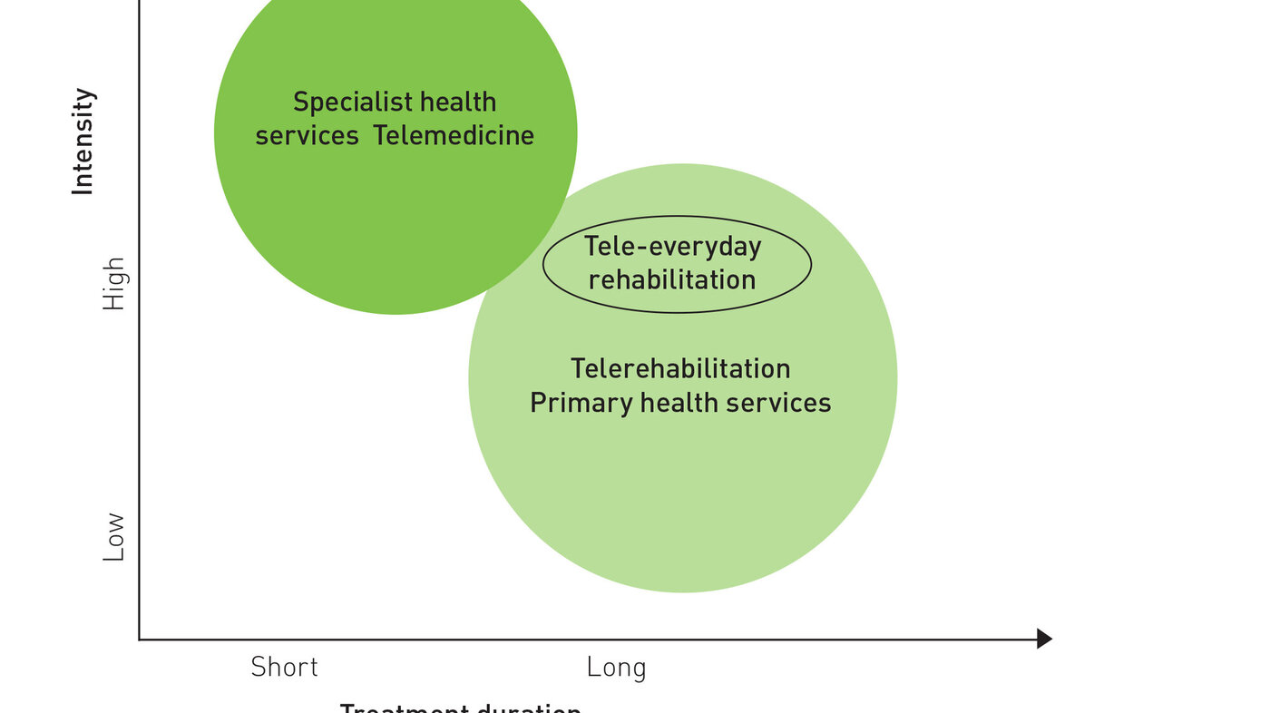 Figure 1: Tele-everyday-rehabilitation as opposed to traditional telemedicine and telerehabilitation – an ideal-typical model