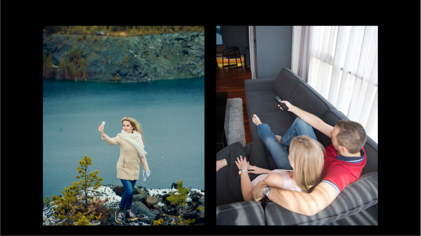 Bildet til venstre er en kvinne ute i naturen som tar en selfie; bildet til høyre er et par som ser på tv