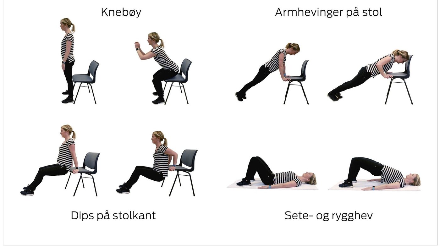 Bildet viser treningsøvelser for grunnstyrke i kroppen: knebøy, armhevinger på stol, dips og sete- og rygghev.