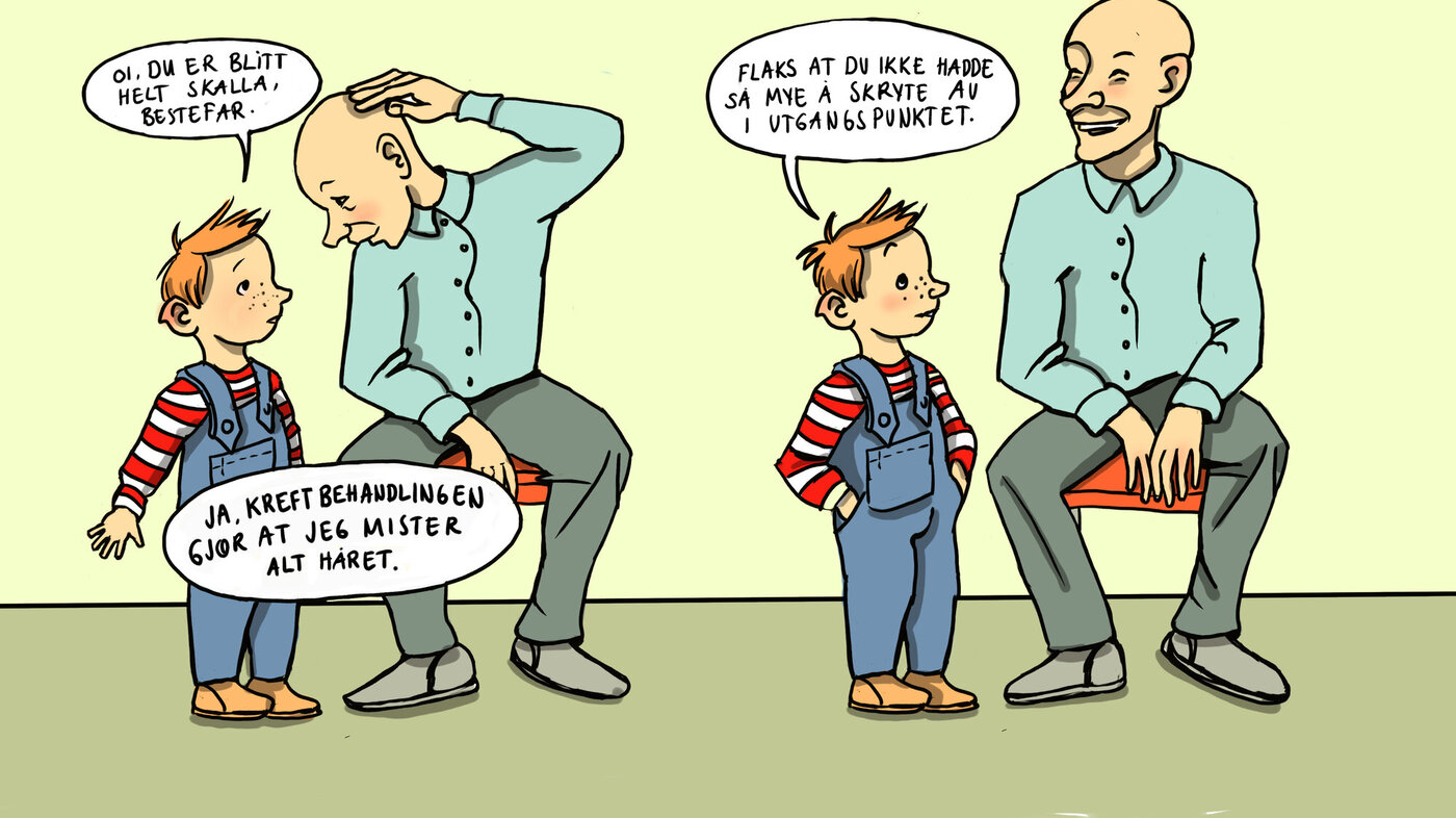 Gutt og bestefar uten hår Illustrasjonen viser en gutt som sier til bestefaren: "Oi, du er blitt helt skalla, bestefar.". Bestefaren svarer: "Ja, kreftbehandlingen gjør at jeg mister håret.". Gutten sier: "Flaks at du ikke hadde så mye å skryte av i utgangspunktet."