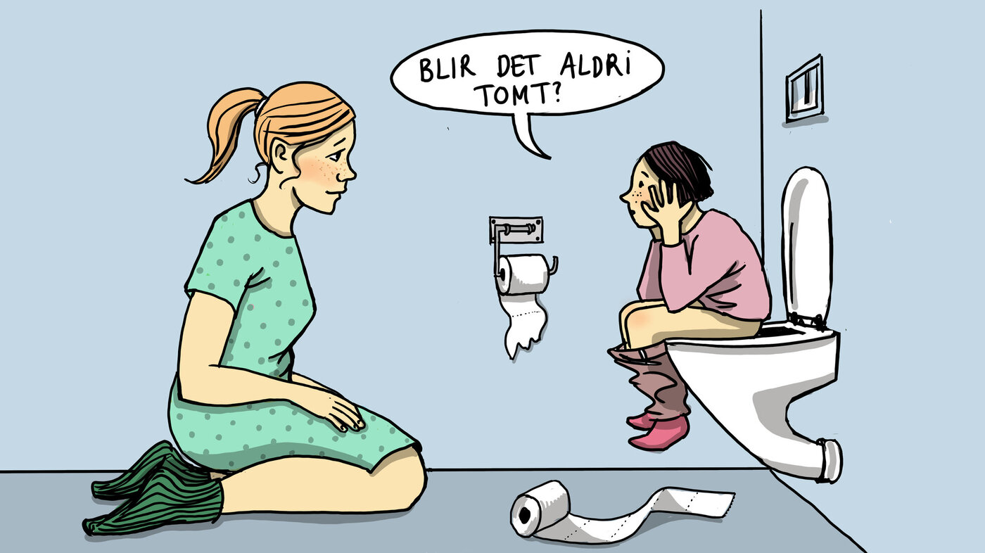 Illustrasjonen viser et barn som sitter på toalettet og sier til sin mor: "Blir det aldri tomt?"