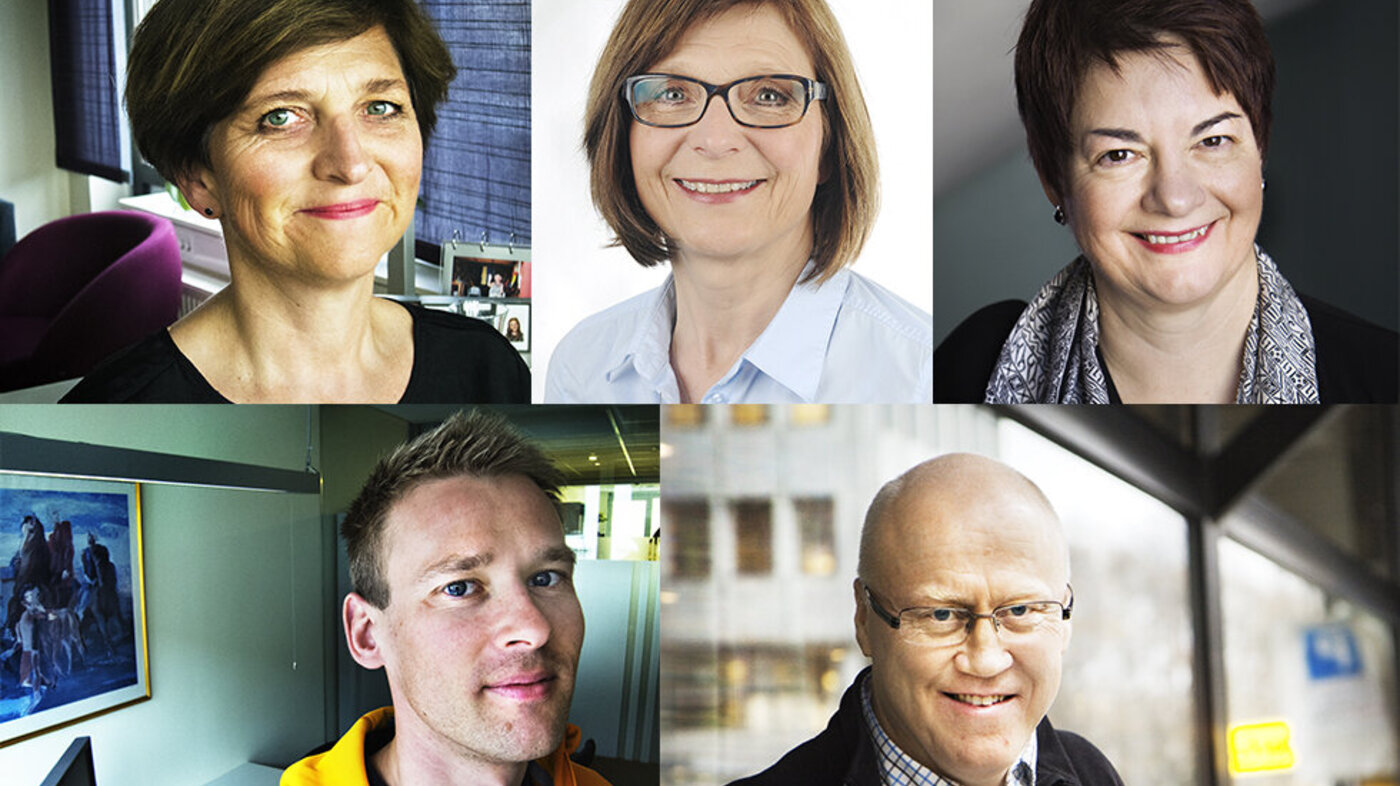 Collage av de fem som vil lede NSF: Eli Gunhild By, Solveig Bratseth, Karen Bjøro, Sigbjørn Flatland og Oddgeir Lunde.