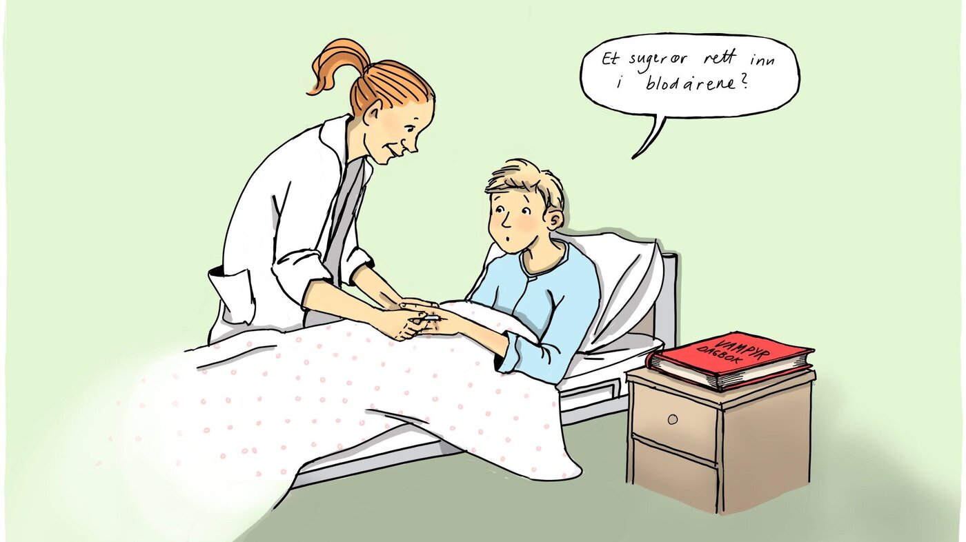 Illustrasjonen viser en gutt i en sykeseng som sier til sykepleieren: "Et sugerør rett inn i blodårene?"
