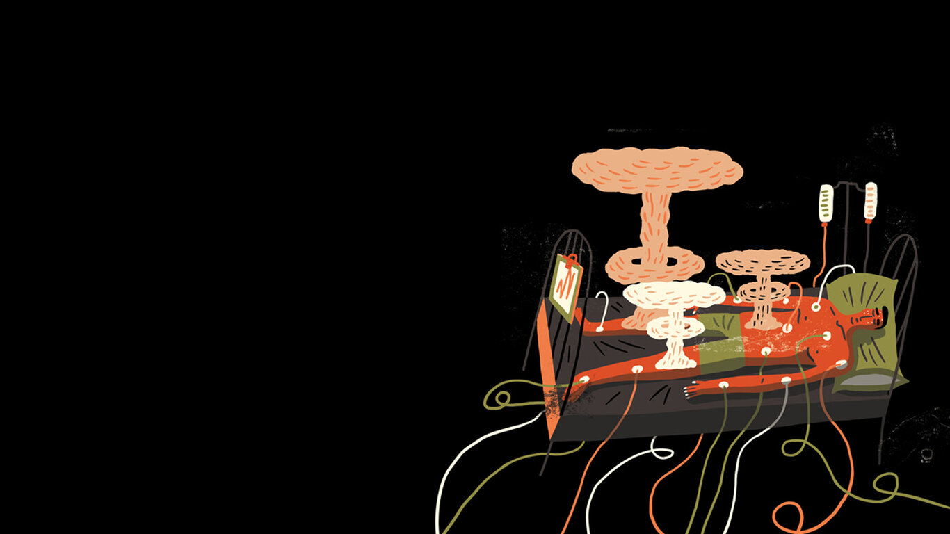 Ilustrasjonen viser en pasient med sepsis i en seng.