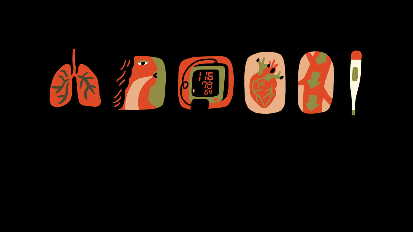 Illustrasjonen viser lunger, oksygen, blodtrykk, hjerte, bevissthetsnivå og temperatur.