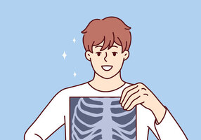 Illustrasjonen viser en ung mann med et røntgenbilde av thorax.