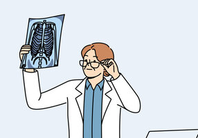 Illustrasjonen viser en helsearbeider som holder opp et røntgenbilde.