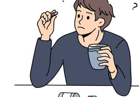 Illustrasjonen viser en ung gutt som holder piller og et glass vann.