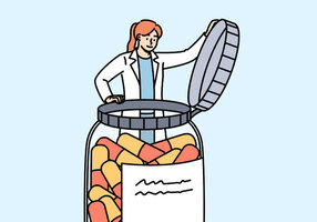 Illustrasjonen viser en kvinnelig helsearbeider som ser oppi et digert pilleglass.