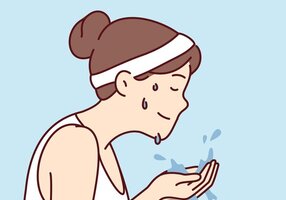 Illustrasjonen viser en kvinne som tar vann i ansiktet.