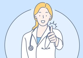 Illustrasjonen viser en kvinnelig helsearbeider som holder opp en tommel.