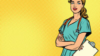 Illustrasjonen viser en sykepleier med stetoskop rundt halsen og en kurve i hånden.