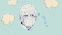 Illustrasjonen viser en eldre mann med munnbind. I bakgrunnen er det  skyer med regndråper og snøkrystaller som likner koronaviruset