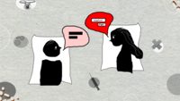 Illustrasjonen viser to mennesker med snakkebobler. Medisinsk utstyr er spredt rundt omkring på illustrasjonen.