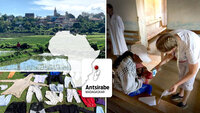 Montasjen viser dagligsituasjoner fra Antsirabe, Madagaskar samt en sykepleier som hjelper ei jente. På midten er det en montasje av et kart over Afrika og Madagaskar