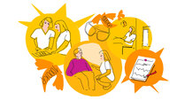 Den tegnede illustrasjonen viser en sykepleier i snakk med en kollega, snakker med en pasient, sitter på pauserommet, viser en kontrakt, et par briller og flygende penger.