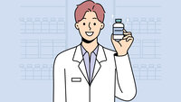 Illustrasjonen viser en mannlig helsearbeider med et pilleglass.