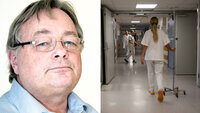 Bildet viser en Leif E. Moland og en korridor med sykepleiere.