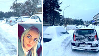 Bildet viser Beate Gundelach og snøfull gate med el-bilen som hjemmetjenesten bruker 