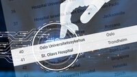 Illustrasjonen viser en robothånd og en liste over de "smarteste" sykehusene.