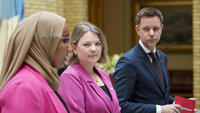 Bildet viser de helsepolitiske talspersonene Truls Vasvik (Ap), Marian Hussein (SV) og Lisa Marie Ness Klungland (Sp).