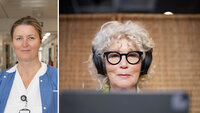 Bildet viser kreftsykepleier Therese Holm Bjørnebekk og en kvinne som sitter foran en skjerm med øretelefoner på