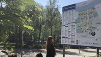 Bildet viser en dame som står foran et digert skilt foran St. Olavs hospital. Skiltet viser informasjon om sykehuset