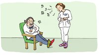 Illustrasjonen viser en gretten mann som sitter i en stor, mens en sykepleier står over og synger noen falske toner.