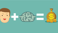 Illustrasjonen viser regnestykket: et ansikt + en hjerne = en pengesekk