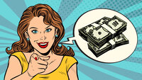 Illustrasjonen viser en kvinne som peker og en snakkeboble med pengesedler  i tegneseriestil.