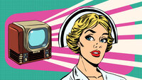 Illustrasjonen viser en sykepleier og TV i tegneseriestil.