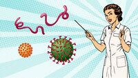 Illustrasjonen viser en sykepleier som peker på ulike virus, i tegneseriestil.