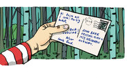 Illustrasjonen viser en hånd som holder et postkort med påskriften "Vi koser oss i sola. Herlig hotell. Husk vaksine!".