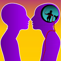 Bildet viser silhuetten av to mennesker i profil som står mot hverandre.