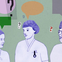Illustrasjonen viser tre sykepleiere som ser spørrende ut