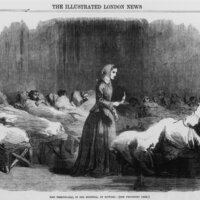 Illustrasjonen viser Florence Nightingale som går blant skadde soldater på sal på Krim.