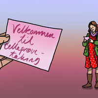 Illustrasjonen viser en kvinne som har fått et kort der det står "Velkommen til celleprøvetaking".