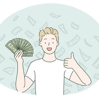 Illustrasjonen viser en ung gutt med mange pengesedler i h&aring;nden.