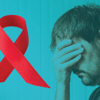 Bildet viser den røde aidssløyfen og en mann som holder hånden fortvilet over øynene
