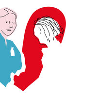 Illustrasjonen viser en sykepleier som skuer fremover mot en pasient. Begge er inni et hjerte. Samtidig ser sykepleieren bakover, og et lite hjerte faller nedover
