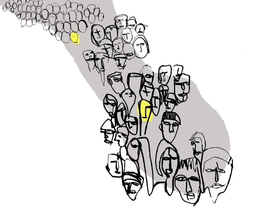 Illustrasjonen viser en folkemengde med fremhevede enkelthoder.